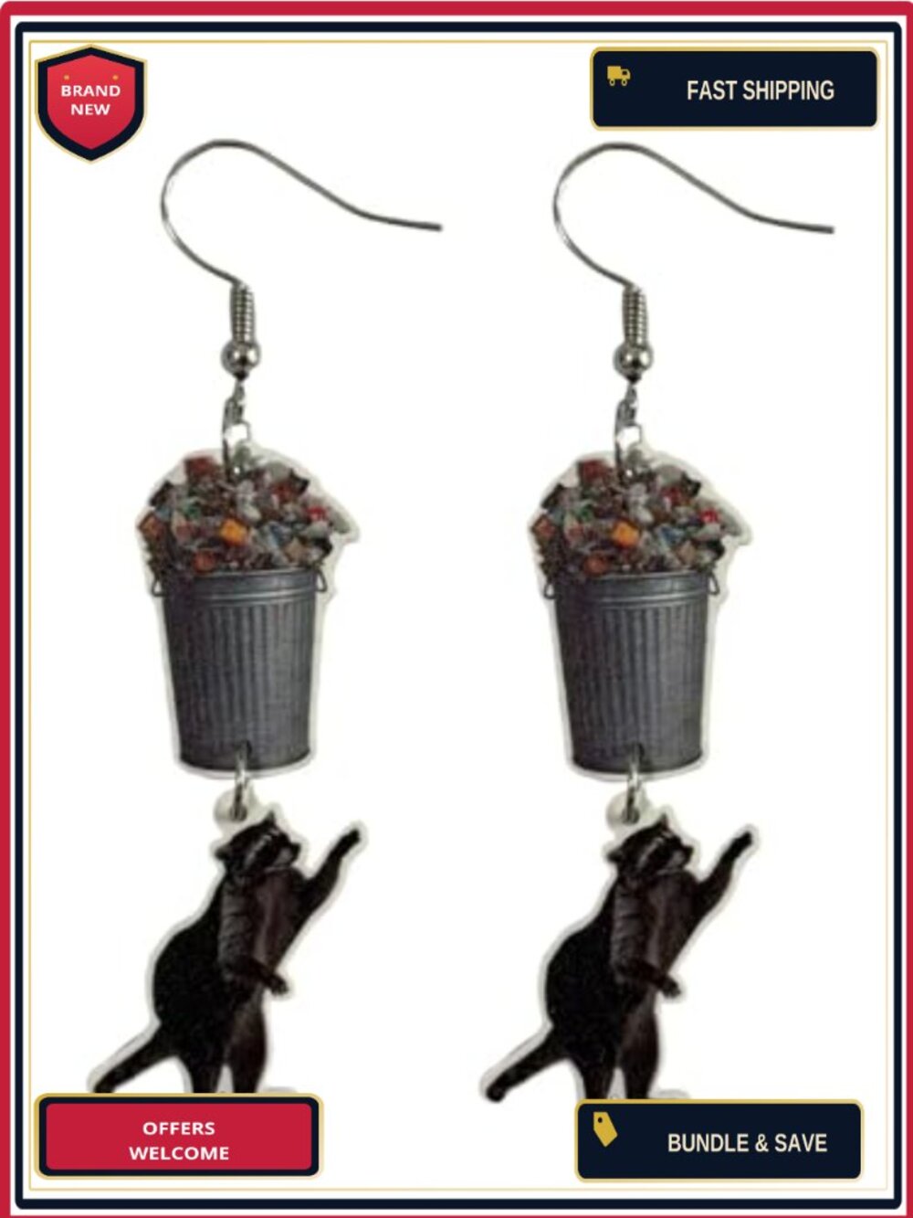 Raccoon Trash Can Dangle Earrings Acrylic Lightweight 2.5" Novelty